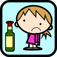 Cartoon of a unhappy child with a medicine bottle