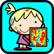 Little Darling Childcare character showing a painting with paint splashed on her face