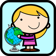 A cartoon of a child with the world globe.